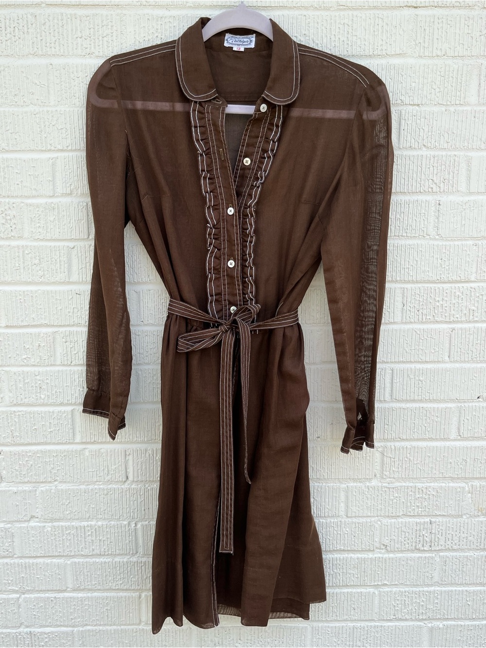 Villager Brown Ruffle-Trim Long Sleeve Shirt Dress (Handmade/altered- Small)